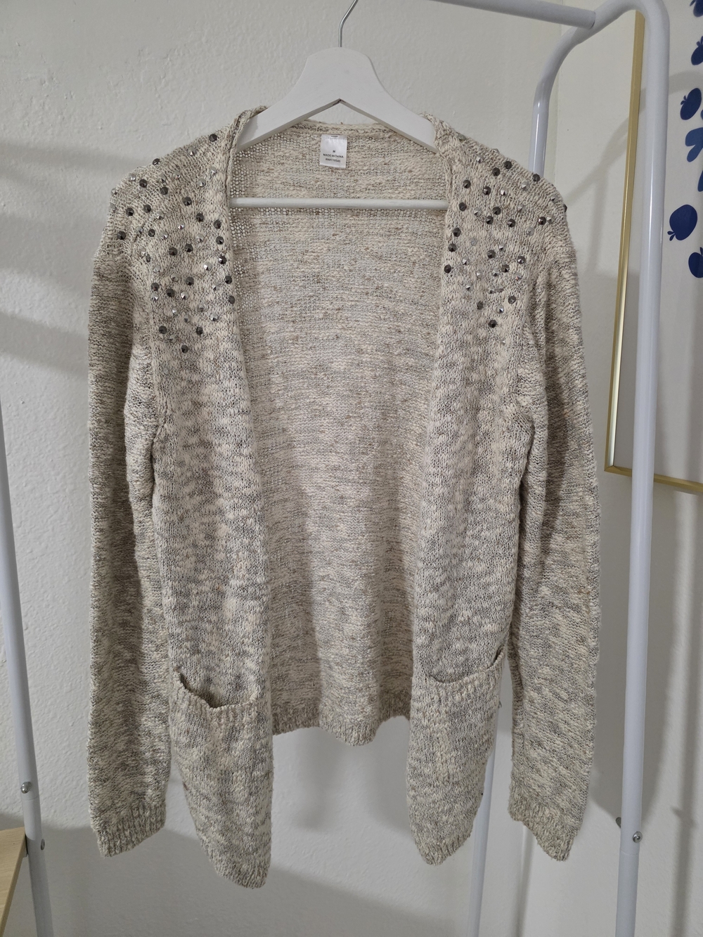Beaded Open-Front Women's Cardigan Sweater in Beige